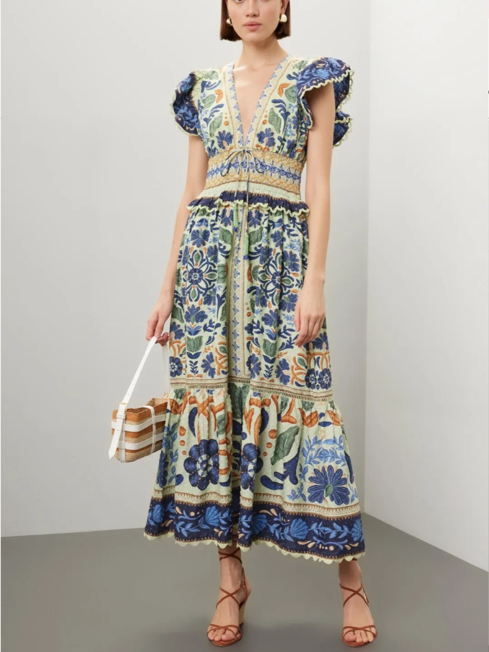 Farm Rio Ocean Tapestry Maxi Dress | Size M | Green Floral | Cotton